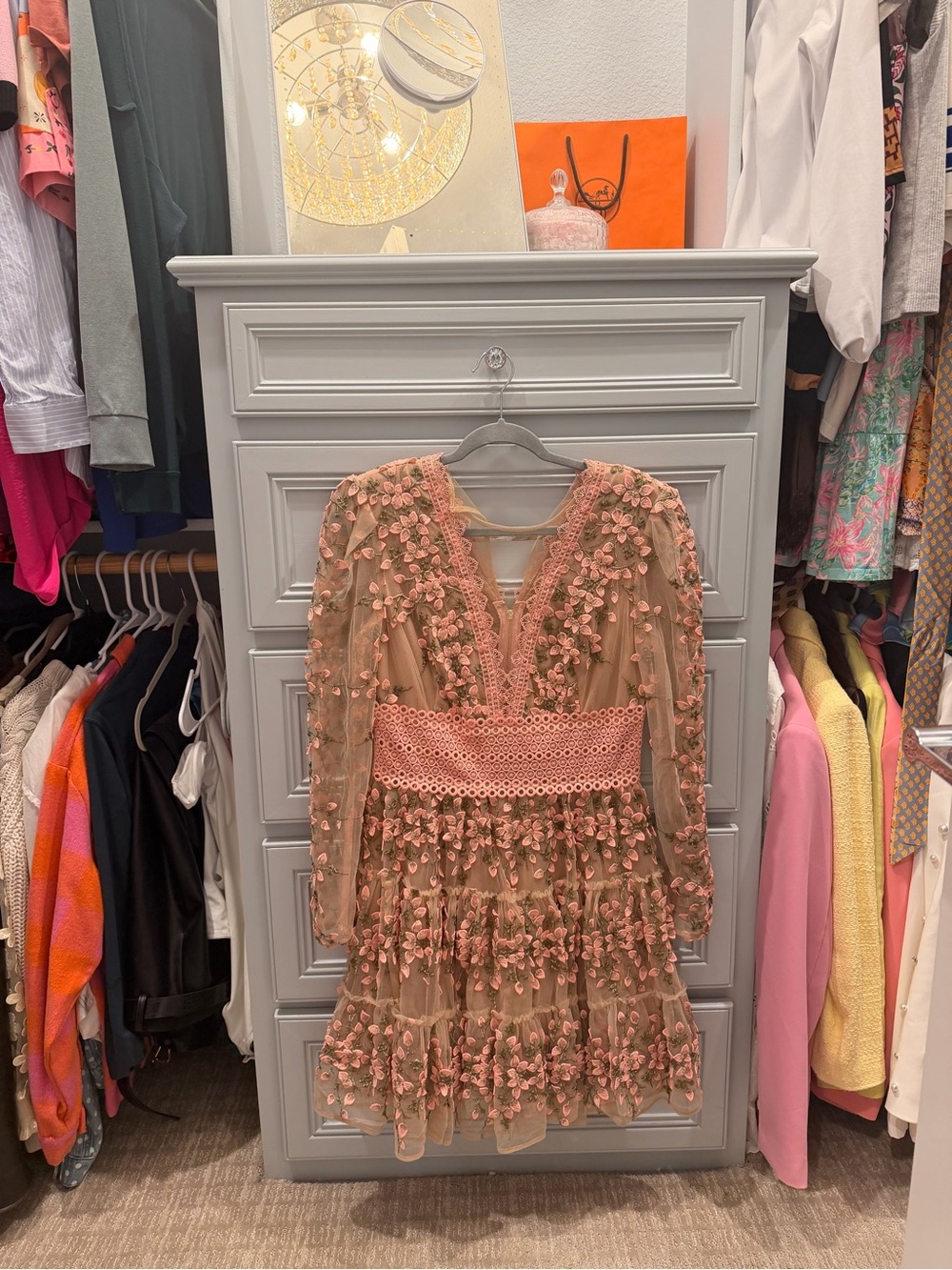 Bronx and Banco Pink Floral Appliqué Long Sleeve Mini Dress